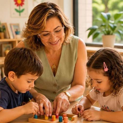 Educadora acompanhando duas crianças em atividade Montessori